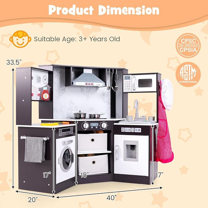 Costzon Corner Play Kitchen, Wooden Toddler Kitchen Playset with Lights and Sounds, Water Circulation System, Washing Machine, Toy Kitchen with Accessories, Kids Kitchen Playset (Brown)