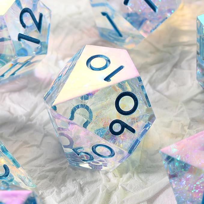 Iridescent Plating Sharp Resin Dice, DNDND 7PCS Handmade DND Sharp Edge Dice with Gorgeous Gift Case for Dungeons and Dragon Tabletop Games (Iridescent Plating Transparent)