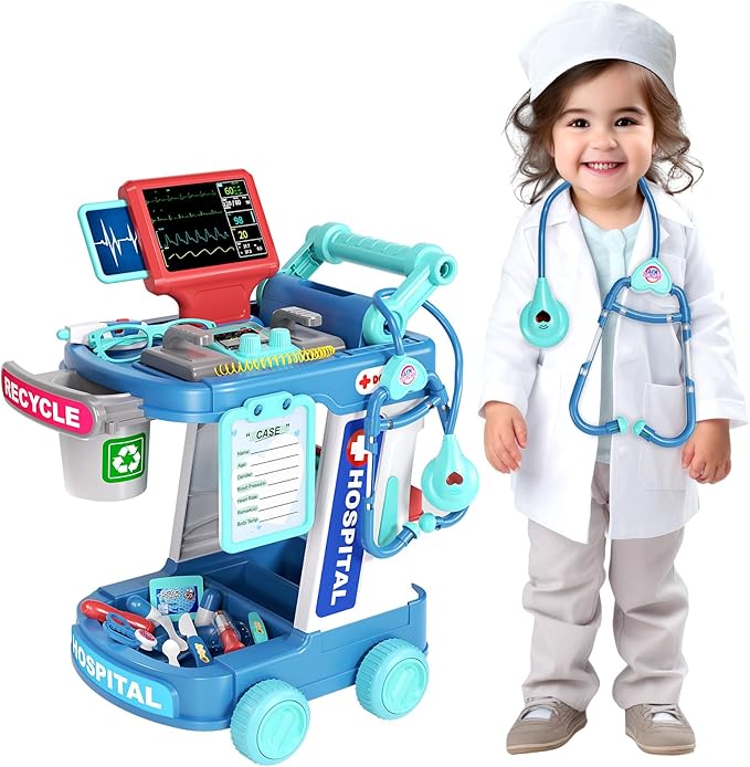 Doctor Kit for Kids, Pretend Doctor Playset for Toddlers with Cart, Costume and Stethoscope, Role Play Medical Toy for Girls Boys Toddlers 3-8 Birthday Gifts
