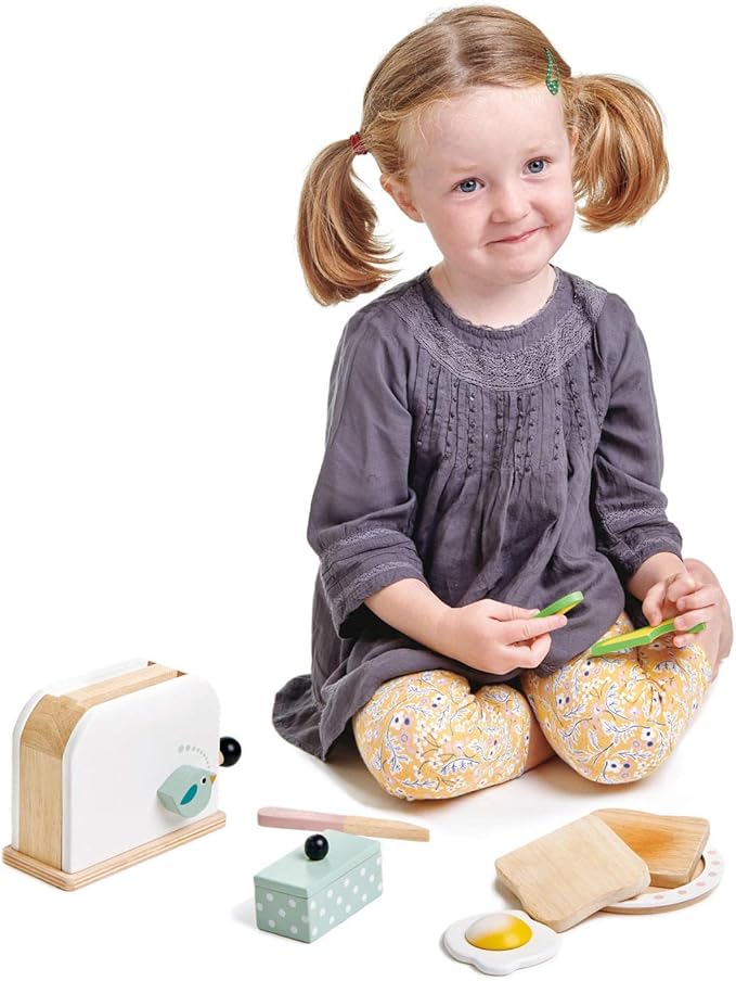 Tender Leaf Toys - Mini Chef Breakfast Toaster Set - 10 Pcs Classic Wooden Pop Up Toaster Toy for Pretend Cooking - Develops Social, Creative & Imaginative Skills Learning Role Play - Age 3+