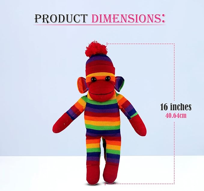 Adorable Sock Monkey, The Original Traditional Hand Knitted Stuffed Animal Toy Gift-for Kids, Babies, Teens, Girls and Boys Baby Doll Present Puppet (16" Rainbow)