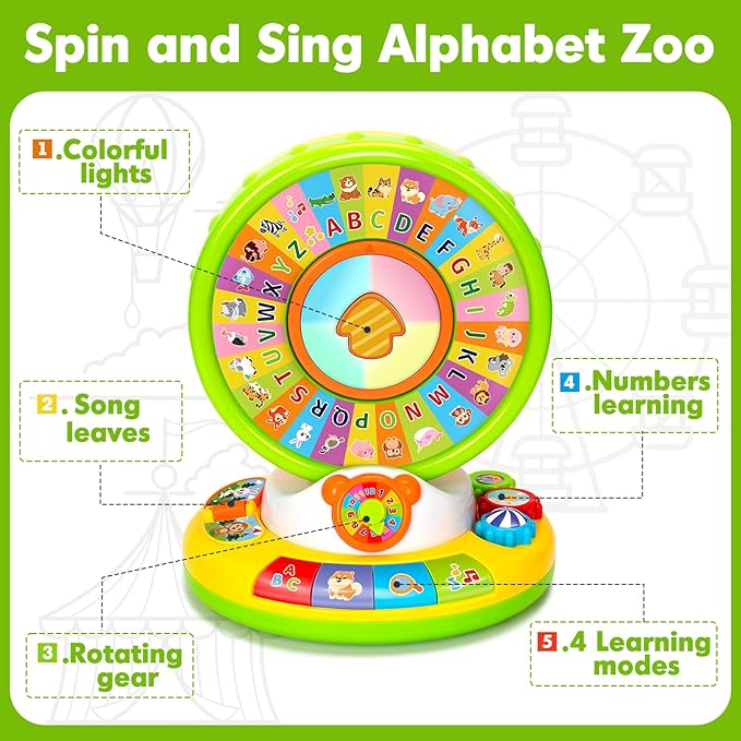 Toy for 1 2 3 Year Old Boys Girls, Spin and Sing Alphabet Baby Musical Learning Toys for Toddler 12-18 Months, Interactive Games with Light and Animals Sounds, Christmas Birthday Gifts for Ages 1-3