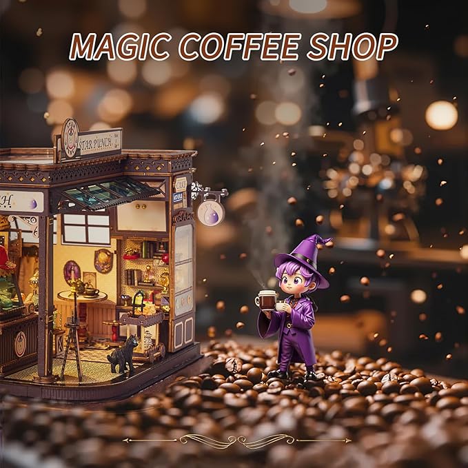 DIY Miniature House Kit - Coffee Shop Wooden Dollhouse Kit with LED Lights -Mini House Making Kit with Furniture - Tiny House kit for Adults to Build - Miniature Kits Craft Gift