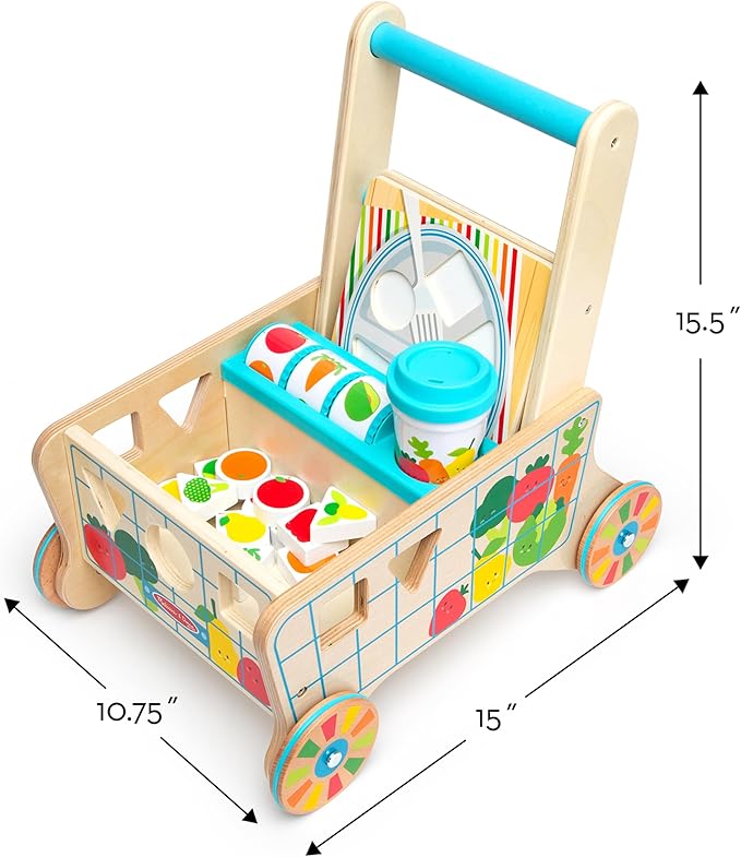 Melissa & Doug Wooden Shape Sorting Grocery Cart Push Toy and Puzzles - Pretend Play Grocery Toys, Sorting and Stacking Toys for Infants and Toddlers Ages 1+ - FSC-Certified Materials