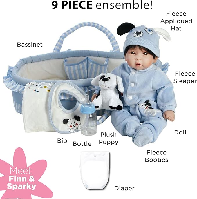 Paradise Galleries 17 Inch Realistic Reborn Baby Boy Doll with Plush Pup and Bassinet Gift Set for Kids and Adults – Finn & Sparky