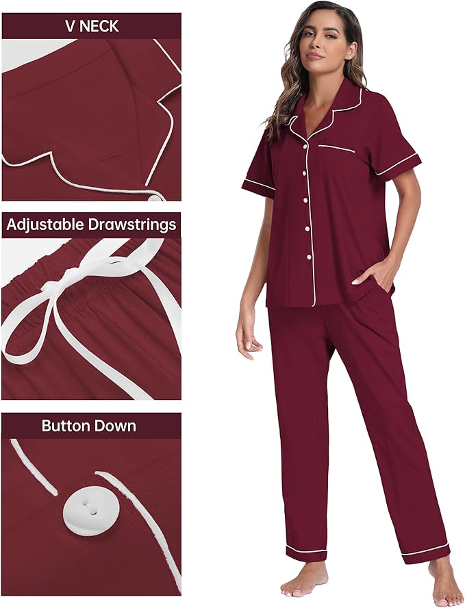 CF Womens 100% Cotton Pajamas Set Button Down Pjs Sets Short Sleeve Top & Long Pants Sleepwear Comfy Loungewear with Pockets