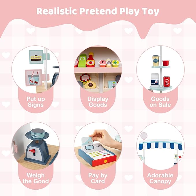 HONEY JOY Kids Food Cart, 30-Piece Toddler Pretend Play Grocery Store Playset w/Cash Register & Scale, Wooden Dessert Shop Play Market, Children Beverage Stand Cart w/Wheels, Gift for Boys Girls