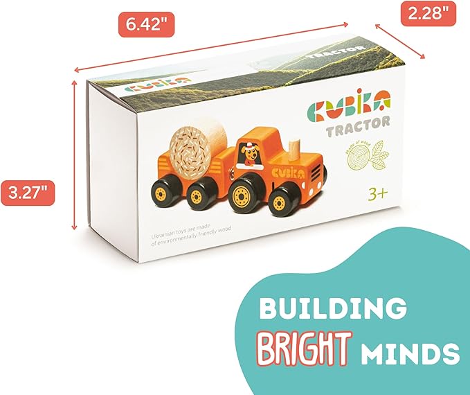 CUBIKA Wooden Toy Tractor – Montessori Toy for Toddlers Ages 3+ – Wooden Tractor with Magnetic Fasteners – FSC-Certified Wood, German Water-Based Paints – Travel-Friendly Fine Motor Toy