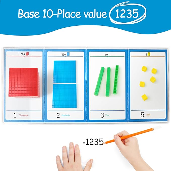 Math Manipulatives for Kids Aged 3+.Base Ten Blocks with Place Value Chart - Plastic Math Cubes to Help Educate Kindergarten Teachers.133 PCS