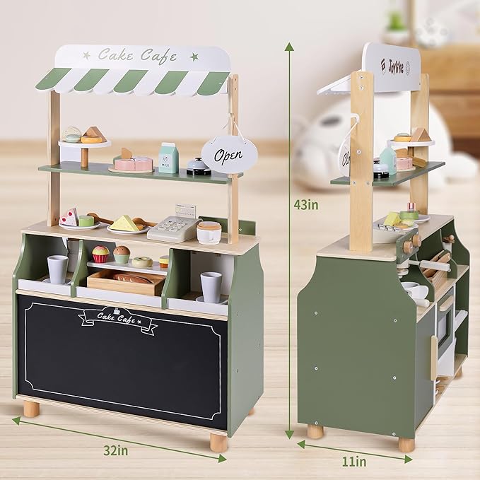 Wooden Coffee Shop Play Set, Pretend Grocery Store, Realistic Bakery Shop Sessert Stand with Toy Foods 37 PCS, Gift for Kids 3 4 5 6 Yead Old