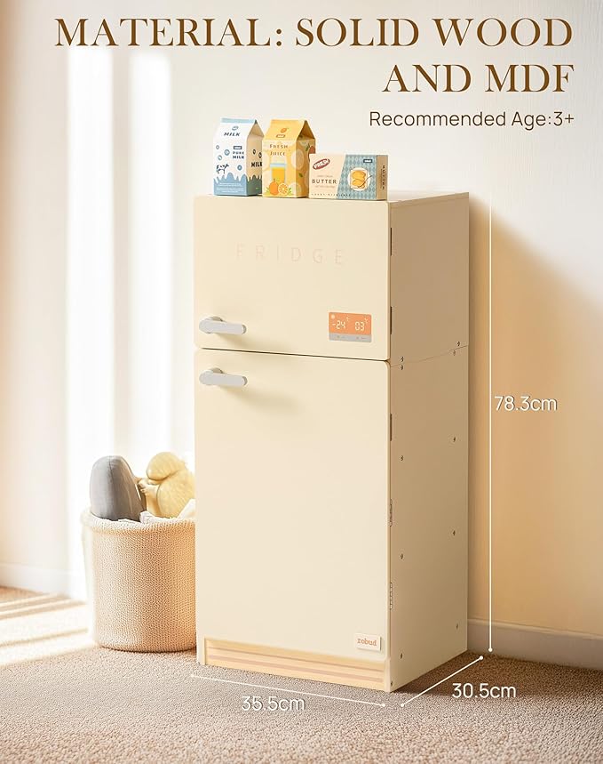 ROBOTIME Play Kitchen Toy Fridge - Wooden Toy Refrigerator with Accessories, Pretend Play Kitchen Set for Kids & Toddlers, Freezer with Play Food for Ages 3+ (Creamy Rustic Style)
