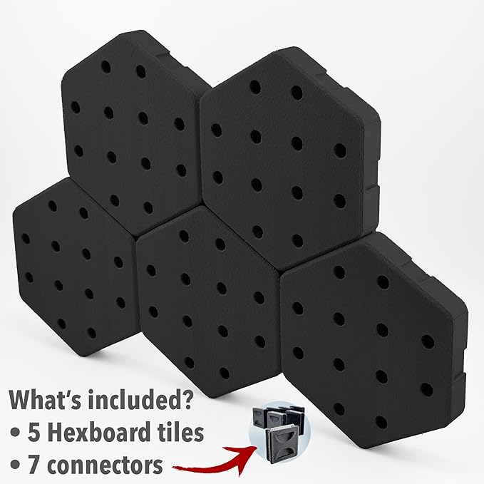 Hexagon Pegboard Tiles, 4.5"x4" each, 5-Pack, Normal-Sized Holes, Make Custom Designs, Easiest to Mount, Expand Existing Pegboard or Fill In Unused Space, Hexboard (Deep Black, 4-inch)