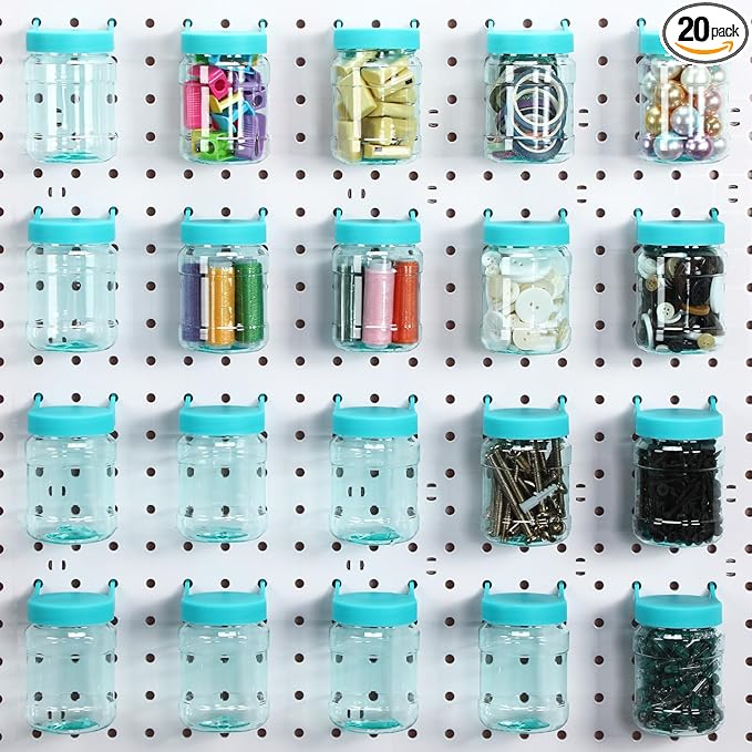 Unittype 20 Set Pegboard Organizer Accessories Peg Boards Jars with Lids Plastic Pegboards Bins Storage Containers Clear Peg Board Wall Organizer for Garage Sewing Office Home Supplies(Turquoise)