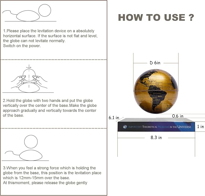 6" Magnetic Levitation Floating Globe Anti Gravity Rotating World Map with LED Light 7 Colors Display Floating Globe for Children Educational Gift Home Office Desk Decor (Gold-Book Base)