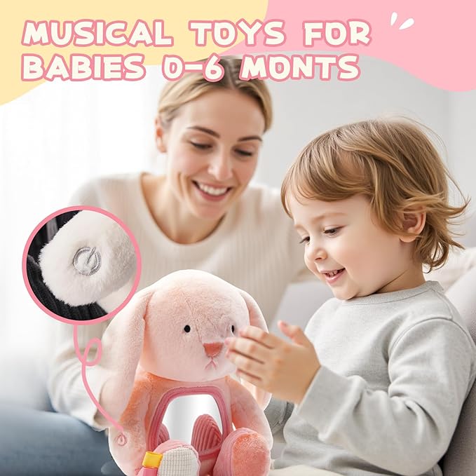 Koty Musical Tummy Time Toy,Baby Mirror Toy 3 Years Old, Infant Sensory Toy with Crinkle Sounds, Textures, Mirror & Melody Music Box for Tummy Time and Self-Discovery (Pink Rabbit)
