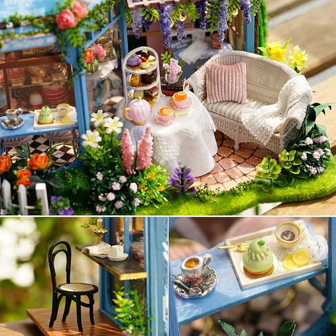TuKIIE DIY Miniature Dollhouse Furniture Kit, 1:24 Scale Creative Room Wooden Doll House Accessories Plus Dust Proof & Music Movement for Kids Teens Adults(Rose Garden Tea House)