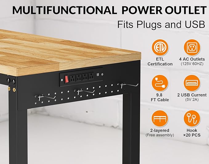 96” Heavy Duty Work Bench, 2-Layer Adjustable Workbench, 5000 LBS Capacity Work Bench with Power Outlet & Pegboard, Rubber Wood Work Table for Garage, Workshop, Office, Home