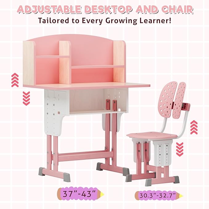 2025 NEW Kid's Study Desk and Chair Set, Ergonomic Height Adjustable Children Study Desk with Tilt Desktop, Book Stand, Light, Metal Hook and Storage Drawer,Gift for Boys Girls (Pink 70cm no lean)