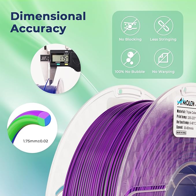 AMOLEN 3D Printer Filament, Triple Colors PLA Filament 1.75mm, Coextrusion Silk PLA Filament, Rainbow PLA Filament with Silk PLA Blue Green Purple, 3D Printing Filament +/-0.02mm, 1kg/2.2lbs