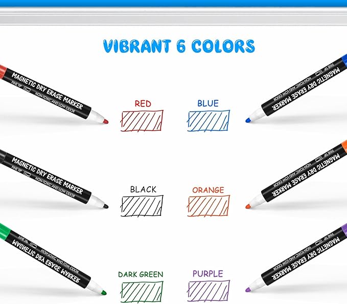 maxtek Dry Erase Markers - 6 Count Colorful Magnetic Dry Erase Markers Fine Tip with Eraser, Low Odor Whiteboard Markers for Calendar Boards