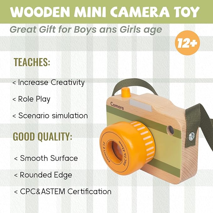 Wooden Mini Pretend Camera Toy with Real Sounds and Light for Toddlers 3 Years Old, Neck Hanging Photographed Props for Boys Girls Children Kids
