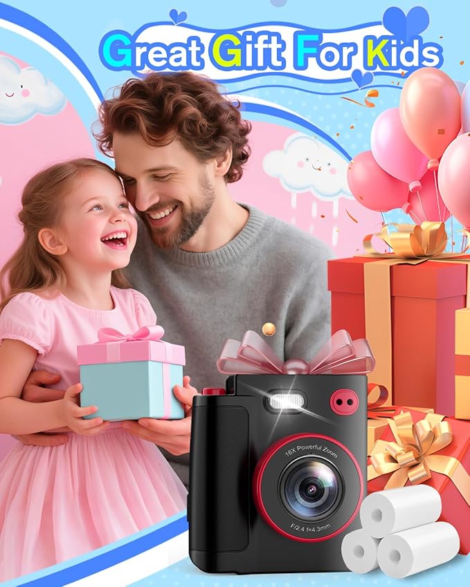 Instant Print Camera for Kids - Classic Black Digital Camera for 3-12 Year Olds, 1080P HD with 32GB SD Card, Selfie Mode & Durable Design, Ideal Christmas Birthday Gift, Portable Travel Toy