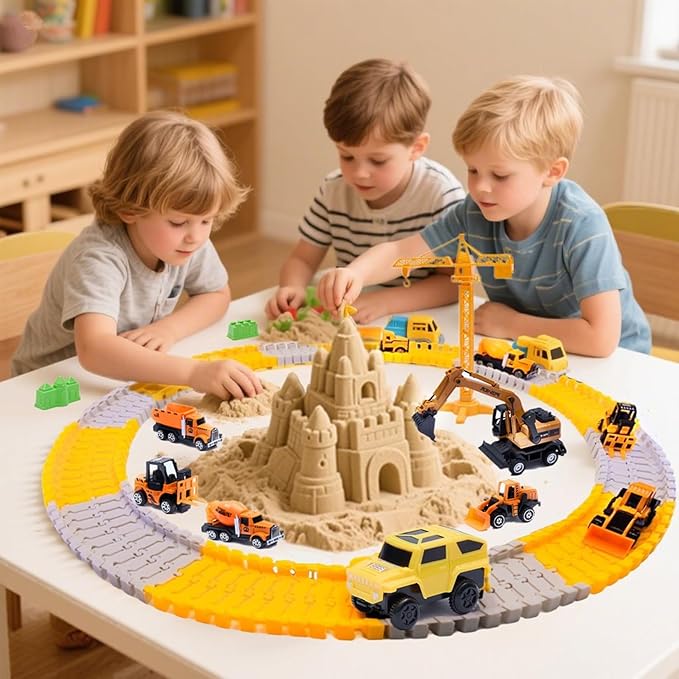 Play Construction Sand Kit, 2.2lbs Magic Sand, 6 Alloy Trucks,1 Big Semi-automatc Excavator,1 Race Truck 100 Tracks,10 Castle Molds,1 Sandbox mat,1 Storage Box, Sensory Toys for Kids Ages 3+