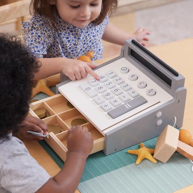 Kaplan Early Learning Wooden Cash Register for Toddlers - Realistic Pretend Play Grocery Store Toy for Dramatic Play - Enhances Imagination & Communication Skills, Ages 18+ Months