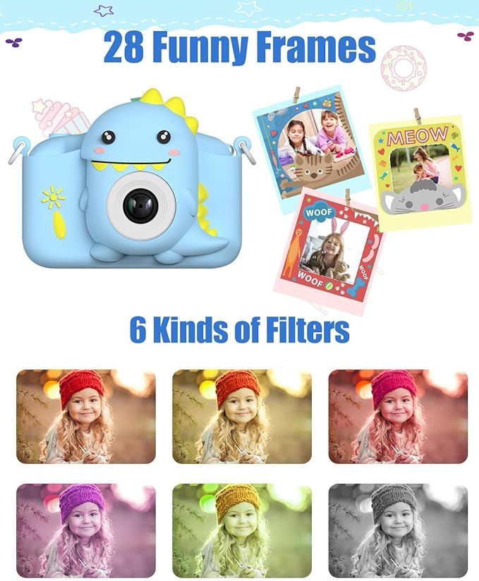 Dinosaur Kids Camera Toys, Birthday Graduation Gifts for Girls Boys 3-12, 1080P HD Selfie Digital Video Camera for Toddlers,Travel Gifts Dino Toys for 4 5 6 7 8 9 Years Old (Blue)