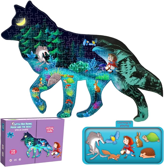 OLMZIHYVD Jigsaw Puzzles for Kids Ages 6-8, 156 Pieces Glow in The Dark Wolf Floor Puzzle, Educational Gifts for Boys Girls and Animal Lovers, Ideal for Indoor and Outdoor Play, 29.1" × 23.1"