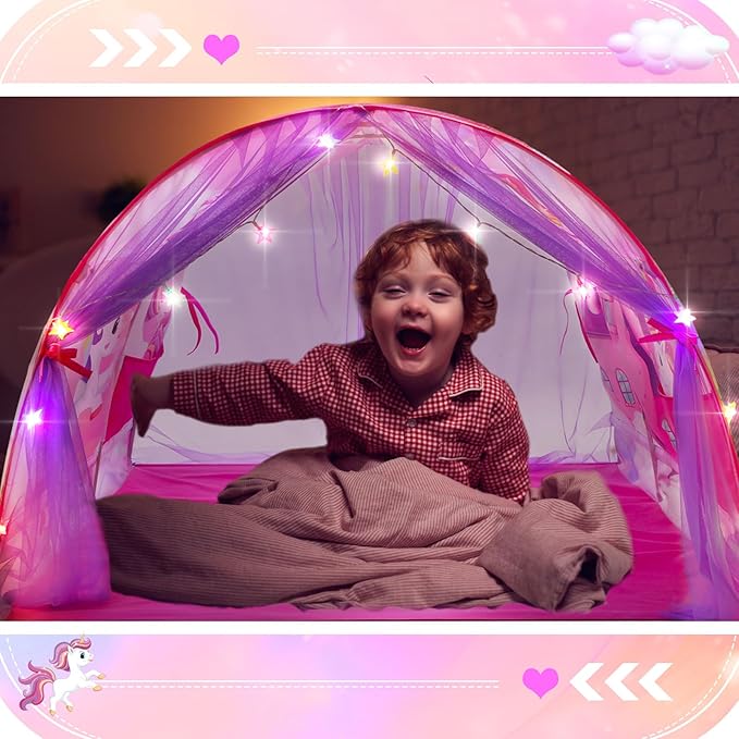 Unicorn Bed Tent for Kids Large Kids Twin Tent Toddler Play Bed with Carry Bag Foldable with String Lights for Girls Boys Bedroom Indoor Games