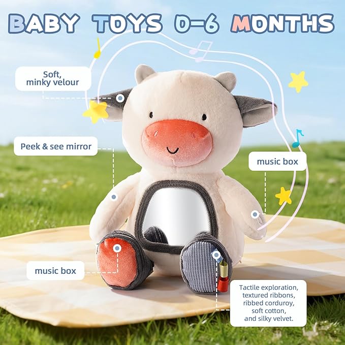 Koty Musical Tummy Time Toy,Baby Mirror Toy 3 Years Old, Infant Sensory Toy with Crinkle Sounds, Textures, Mirror & Melody Music Box for Tummy Time and Self-Discovery (White Cow)