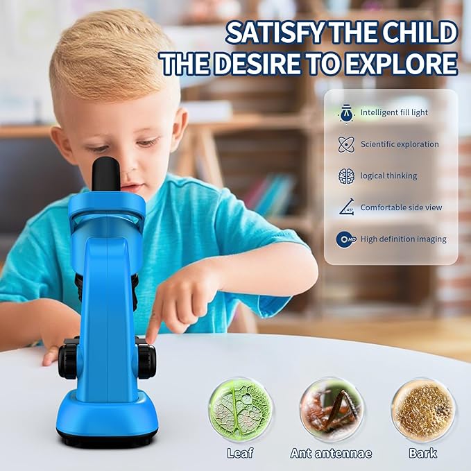 Microscope for Kids Scientific Experiment Kit 40X-1600X Magnification LED Light Educational STEM Kit with Slides and Lab Tools (Blue)