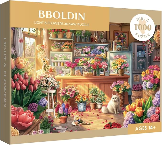 Flower Colorful Shop Puzzle 1000 Pieces for Adults, Spring Floral Plant Cabin Jigsaw Puzzle, Vintage Garden Cat Nature Puzzles