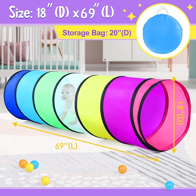 Colorful Baby Play Tunnel for Toddlers with Mesh Window, Cat Toy for Dogs Pets, Kids Crawling Play Tent Pop Up Toddlers Tunnel Indoor Outdoor Toy Gift (Rainbow Baby Tunnel)