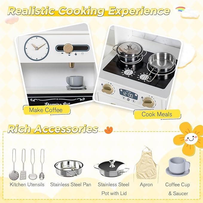 Kids Play Kitchen with Removable Cart, Wooden Toddler Kitchen Playset with Oven, Stove, Sink, Coffee Maker, Pretend Play Toy Kitchen Set for Children Boys Girls Ages 3