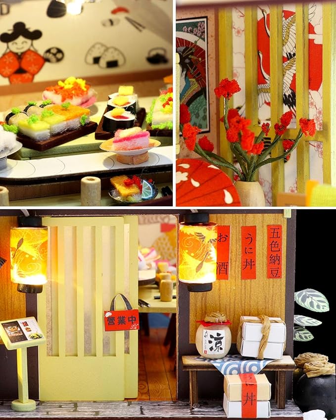 Miniature House Kit – Gibbon Sushi, DIY Wooden Dollhouse for Adults with LED & Furniture, Tiny House Craft Gift for Teens Families Friends