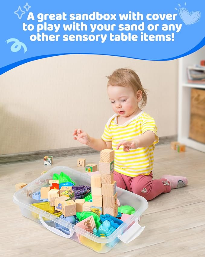 3 Pcs Sand Tray Sensory Bin with Lid and Handle, Portable Sensory Sandbox Container for Kids, Plastic Activity Tray for Toddlers (Transparent+Green+Blue)