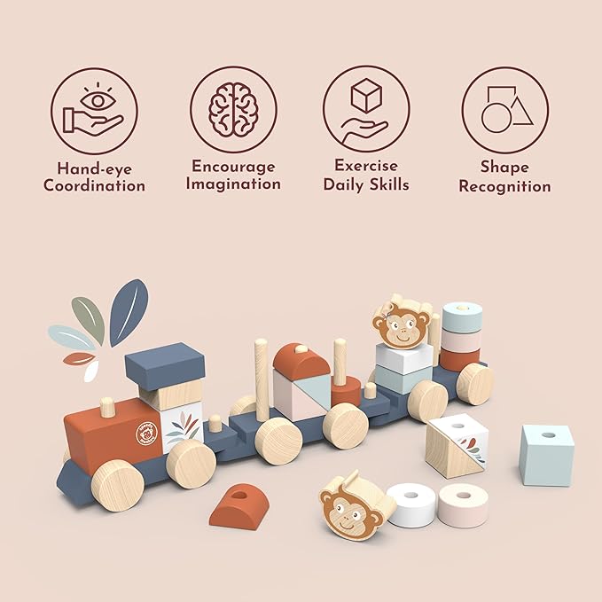 Speedy Monkey Wooden Pull-Along Train Stacker – Soft Colors, Monkey Character, Stacking Blocks, Build Houses | Non-Toxic Paint, Creative Fun, Ideal for Kids, Educational Toy for Toddlers