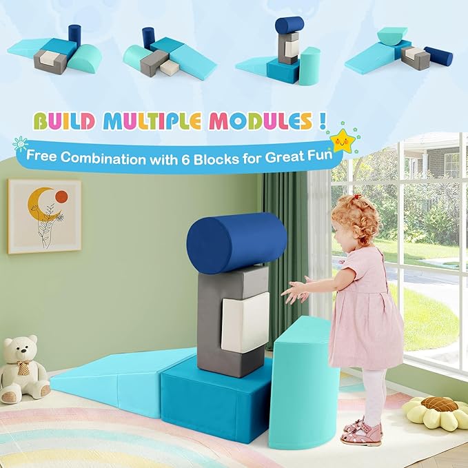 HONEY JOY 6-Piece Climb and Crawl Playset, Soft Climbing Foam Block Activity Play Structure Gym Equipment for Infant Baby, Color Coordination, Waterproof Indoor Climbing Toys for Toddlers (Blue)