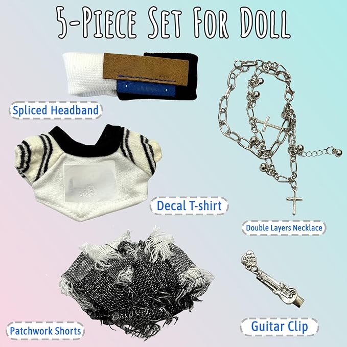 5-Piece Set Clothes for 17cm Doll - Fashion Style Dress Up Doll Outift Set with T Shirt, Pants, Headband, Necklace, Brooch