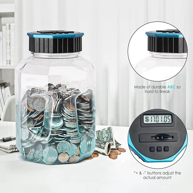 X-Large Piggy Bank for Adults Kids, Vcertcpl Digital Coin Counting Bank with LCD Counter, 2.4L Capacity, Great Coin Counter Bank Money Counting Jar with Total Amount Displayed (G Blue, X-Large)