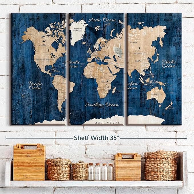 ElephantStock Aged Blue World Map II Canvas - 3 Panel Wall Decor - World Map Digital Art - Blue Wall Art - 33" X 20"