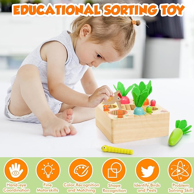 XPIY Montessori Toys for 1 Year Old, Carrots Harvest Wooden Baby Toys for 6-12 Months Educational Shape Sorting Matching Toys Fine Motor Skill, Gift for Kids Easter (Bug Catching Bouncing Carrot)