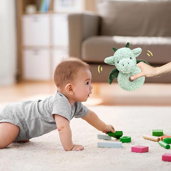 Baby Dragon Soft Rattle Toy, Plush Dinosaur Infant Shaker Rattle Easy-Grasp Stuffed Animal Toy, Gifts for Newborns Babies Toddlers Boys Girls, Green, 6 Inches