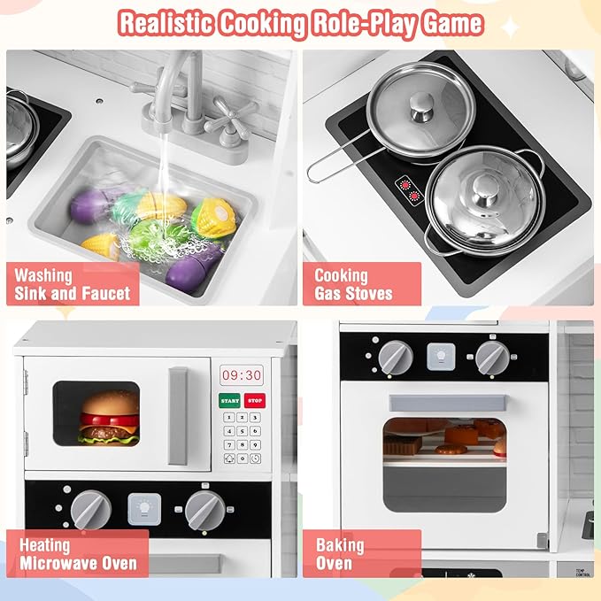 Costzon Kids Kitchen Playset, Wooden Toddler Play Set w/Real Lights & Sounds, Sink, Faucet, Water Dispenser, Microwave, Oven, Washing Machine, Little Chef Pretend Play Kitchen for Kids Ages 3+
