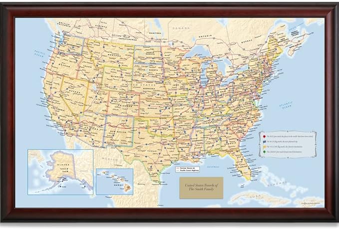 Map Your Travels Personalized U.S. Traveler Wall Art | Premium Wood Frame | Detailed USA Wall Art | Framed size 33"x21"