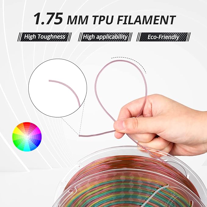 AMOLEN TPU 3D Printer Filament, Transparent Multicolor Rainbow TPU 1.75mm, Color Change Flexible Soft TPU 3D Printing Filament Supports High Speed, 1kg Spool(2.2lbs)
