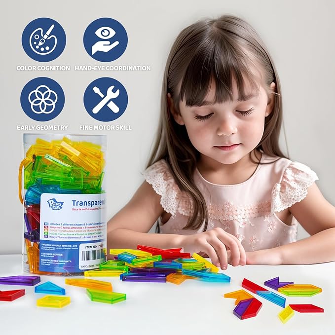 Transparent Pattern Blocks, 126 Pcs Geometric Shapes Blocks, Tangram Puzzles, Practice Sorting Counting Patterning, Math Manipulatives for Kids, Back to School Supplies, Teacher Supplies
