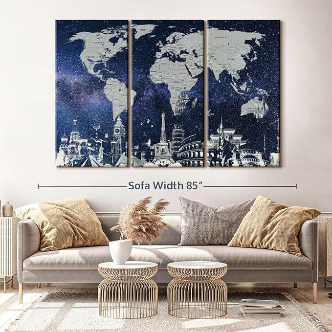 ElephantStock Starry World Map Multi Piece Canvas - 3 Panel Wall Decor - Map of the World Art - Canvas for the Office and Home - 74" X 48"